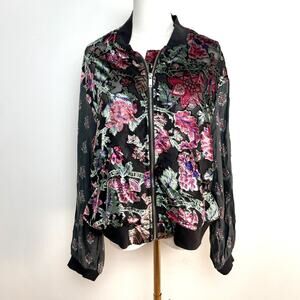 Velvet Burnout Zip Up Bomber Jacket Womens Large Boho Floral Y2k Whimsigoth